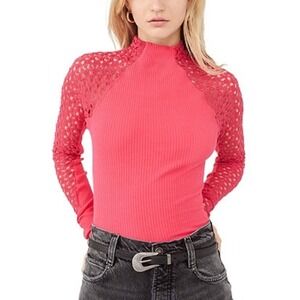 Free People Clemente Top in Hot Berry Lace Sleeves Women's Size M